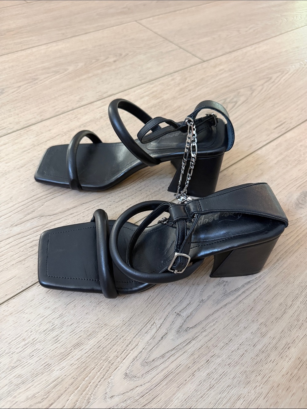 Free People Black Strappy Block Heel Sandals with Chain Detail